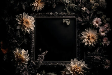 Beautiful black background with flowers and copy space. Empty space for text. Frame, dark backdrop. Generative AI.