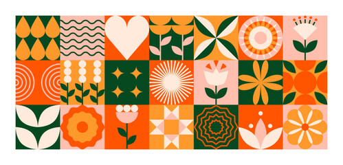 Geometric floral pattern. Abstract leaves flower plant sun simple shape, folk scandinavian design. Vector minimal banner