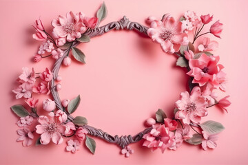 Fototapeta na wymiar Beautiful pink background with flowers and copy space. Empty space for text. Frame, backdrop. Summer, spring, blossom. Woman's or Mother's Day, Birthday. Generative AI.
