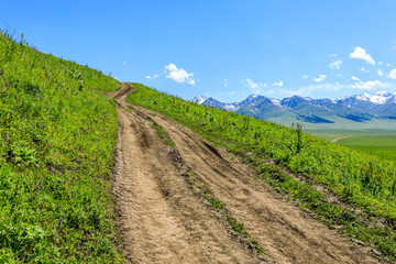 Dirt road leads to the distance at the top of the hill