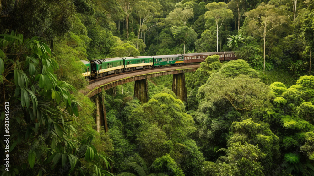 Canvas Prints a passenger train passing through a lush rainforest generative ai