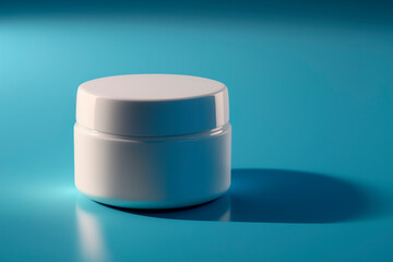 Modern beauty product beauty cream for skin care and moisturizing anti-aging cream jar top close up view on blue background, health and beauty concept. Copy space, template. Generative AI.