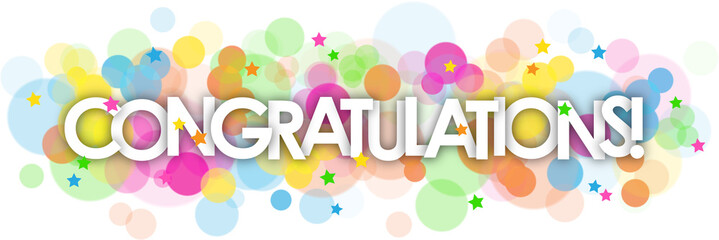 CONGRATULATIONS! colorful typography banner with colorful circles and stars on transparent background - obrazy, fototapety, plakaty