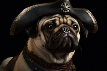 Portrait of a pug pirate in a hat dog  generative ai