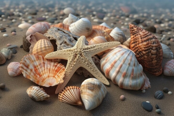 Fototapeta na wymiar Beautiful seashells and starfish on the beach sea summer vacation background generative ai