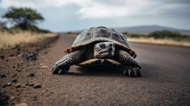 A slow turtle crossing the road Generative AI 