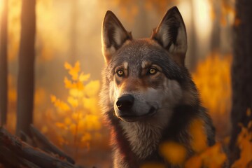 Gray wolf in forest. Generative AI.