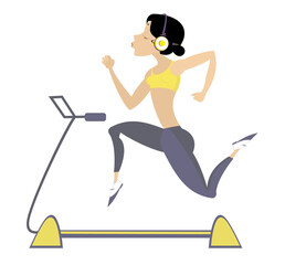 Fototapeta premium Woman running on a treadmill. Running simulator. Young woman in headphones running on a treadmill. Running machine or track. 