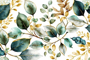 watercolor floral pattern with green and gold leaves