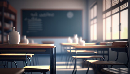 A peaceful classroom setting with a blurred background, devoid of any students, Generative AI