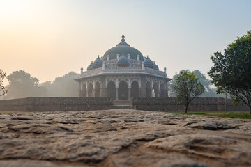 nila gumbad of humayun tomb exterior view at misty morning from unique perspective