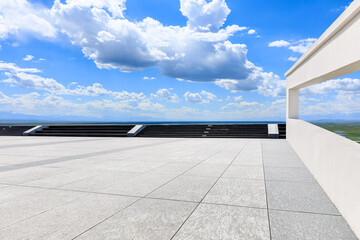 Empty square floors and wall with sky clouds background