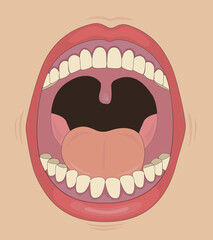 concept of open mouth with teeth on beige background illustration