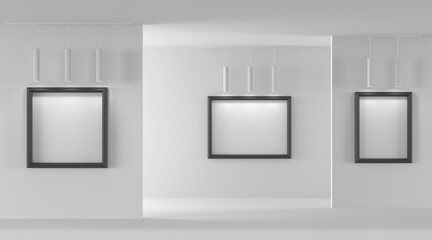 3D Empty gallery with blank picture frames on walls and pendant ceiling spotlights. Realistic interior of museum or artwork exhibition with white posters in black borders and lamps. 3D illustration