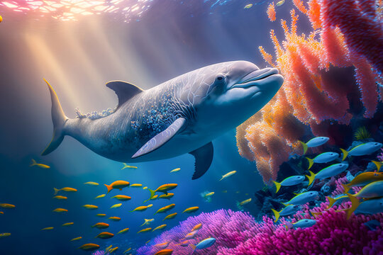 Dolphin swimming in the under sea , Beautiful Underwater and colorfull coral in wild nature of the Pacific Ocean , Generate Ai