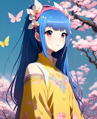 Beautiful anime girl in kimono dress with blue hair sakura flowers romantic giapponese character fantasy illustration, generative ai.