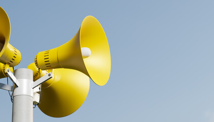 Public address notificationloudspeakers on a post, 3d rendering. Outdoor notification megaphones for announcement or air raid alert, yellow and blue background