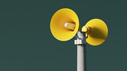 Yellow public address notification loudspeakers on a post against green background, 3d rendering. Outdoor notification megaphones for announcement or air raid alert - obrazy, fototapety, plakaty