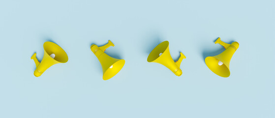 Yellow moutpiece megaphones in pale blue background, 3d rendering. Public address, free speech, protest or advertising concept