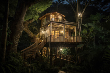 Treehouse in the woods at night, generative ai