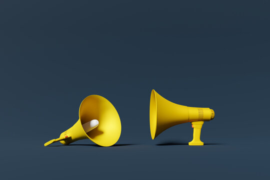 Yellow Moutpiece Megaphones In Dark Blue Background, 3d Rendering. Public Address, Free Speech, Protest Or Advertising Concept