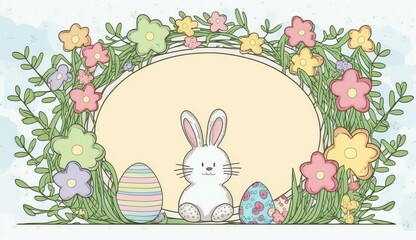 Happy easter greeting card  in  doodle flat style with egg and minimalistic flat color flowers.  Empty Space for your greeting text. Generative Ai.