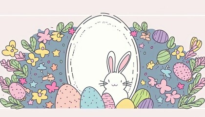 Happy easter greeting card  in  doodle flat style with egg and minimalistic flat color flowers.  Empty Space for your greeting text. Generative Ai.