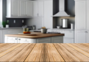 Wooden board empty table blurred background in big white kitchen