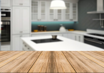 Wooden board empty table blurred background in big white kitchen