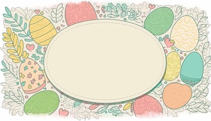 Happy easter greeting card  in    doodle flat style with egg and minimalistic flat color flowers.  Empty Space for your greeting text. Generative Ai.