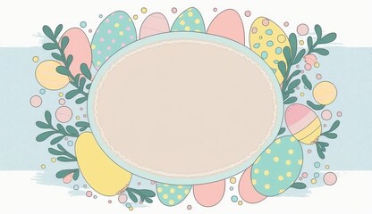 Happy easter greeting card  in    doodle flat style with egg and minimalistic flat color flowers.  Empty Space for your greeting text. Generative Ai.