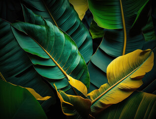 Abstract green Tropical Banana and Monstera Leaves background created with Generative AI technology