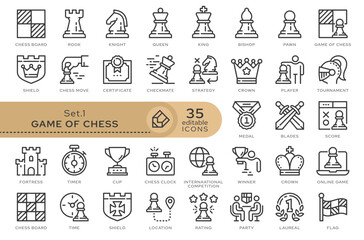 Set of conceptual icons. Vector icons in flat linear style for web sites, applications and other graphic resources. Set from the series - Game of Chess. Editable outline icon. 