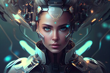Obraz na płótnie Canvas Portrait of futuristic humanlike cyborg woman. Generative AI.