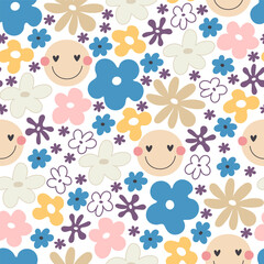 groovy springseamless pattern with cartoon flowers, peace sign. retro style, vector illustration. hand drawing. design for fabric, print, wrapper, textile