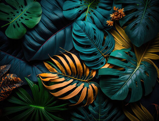 Abstract green Tropical Banana and Monstera Leaves background created with Generative AI technology