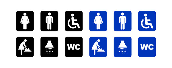Washroom symbols collection. Public toilet icon set male and female, physically handicapped, baby seat, shower. Sign of washroom for male, female and children