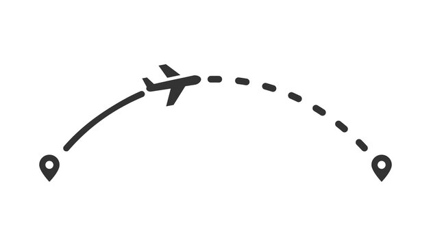 Airplane line path icon on light background. Infographic. Flight, point of destination, plane route, map, progress; direction. Outline, flat design.