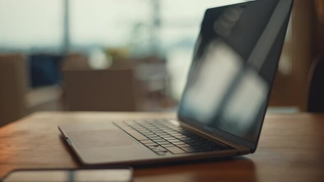 Dolly shot of computer laptop at sunset,No people