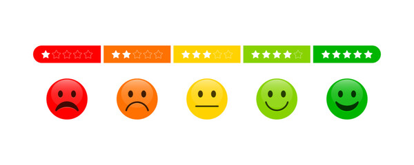 Emoji feedback scale with stars line Icon. Customer's service and evaluation review sign. Angry, sad, neutral and happy emoticon set. Emoticon feedback. Vector illustration
