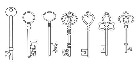 Keys linear drawing. Isolated image, vector. Beautiful fantasy keys for scrapbooking, decoupage.

