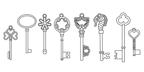 Keys linear drawing. Isolated image, vector. Beautiful fantasy keys for scrapbooking, decoupage.

