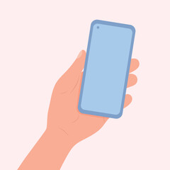 Hand holding smartphone with blank screen. Flat design in pastel colors.