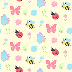 Seamless pattern with cute bees, butterflies, ladybugs, flowers and twigs. Cute pastel digital paper.