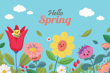 Vintage hello spring greeting banner design template.