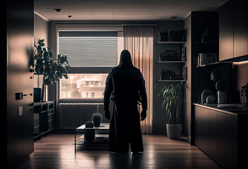 A burglar dressed in all black stands with his back to the camera in a modern apartment. Generate Ai