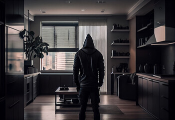 A burglar dressed in all black stands with his back to the camera in a modern apartment. Generate Ai - obrazy, fototapety, plakaty