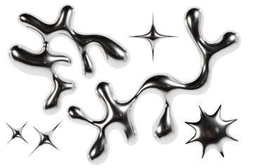 3d chrome metal organic fluid shapes and stars. Abstract liquid mercury metallic icon. 3d rendering aluminum gradient shape design element. Brutalist futuristic style