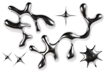 Deurstickers 3d chrome metal organic fluid shapes and stars. Abstract liquid mercury metallic icon. 3d rendering aluminum gradient shape design . Brutalist futuristic style © svetolk