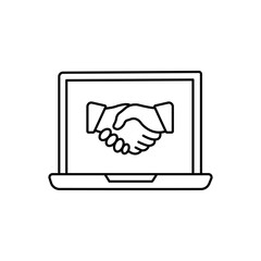 Business handshake on laptop screen vector line icon